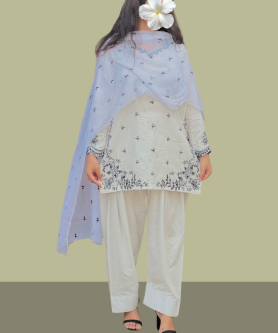 Off White 3 Piece Stitched Lawn Suit for Women