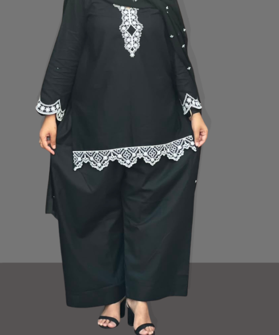 3 piece stitched lawn suit for women black embroidered