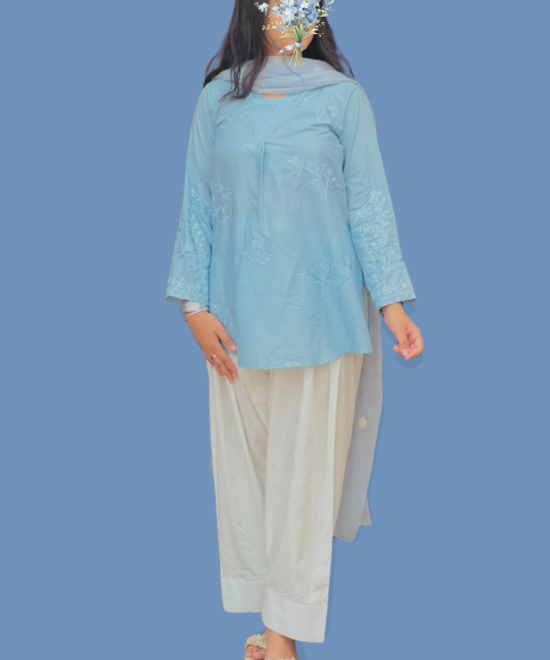 3 Piece Stitched Lawn Suit for Women in Navy Blue