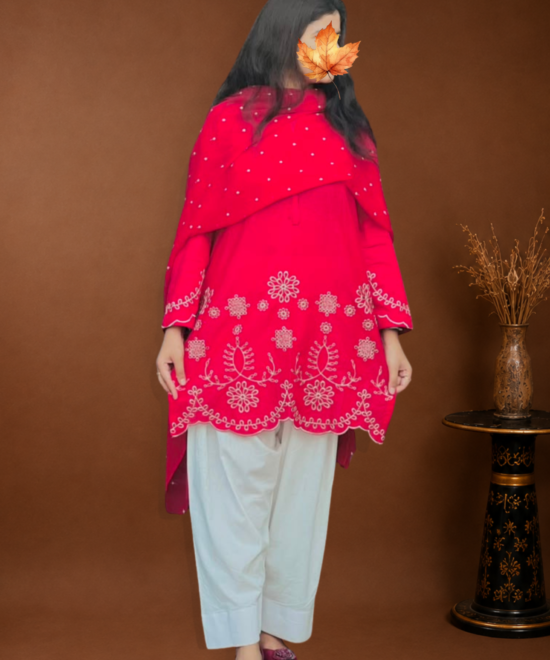 Off White 3 Piece Stitched Lawn Suit for Women with Shirt Trouser and Dupatta