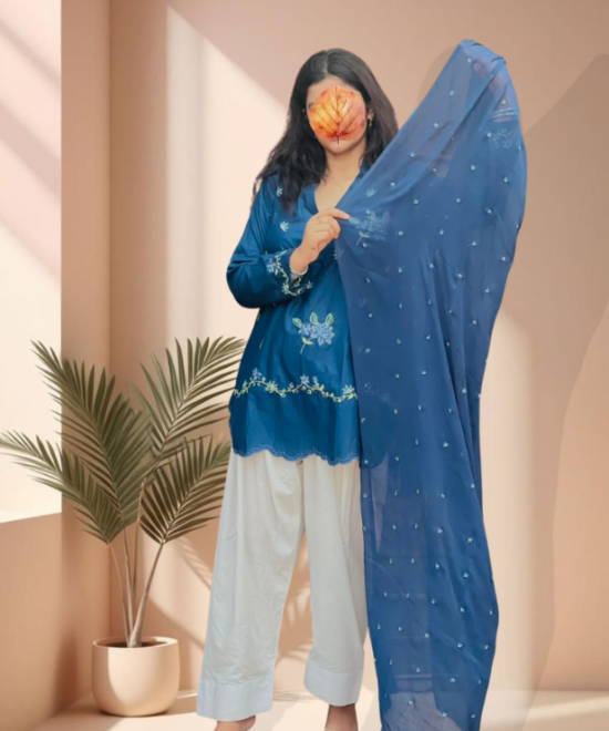 3 Piece Stitched Lawn Suit for Women in Elegant Navy Blue