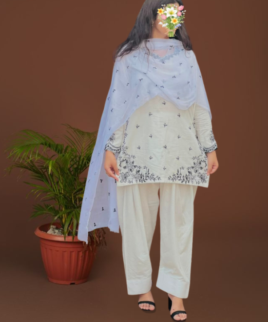 Off White 3 Piece Stitched Lawn Suit for Women