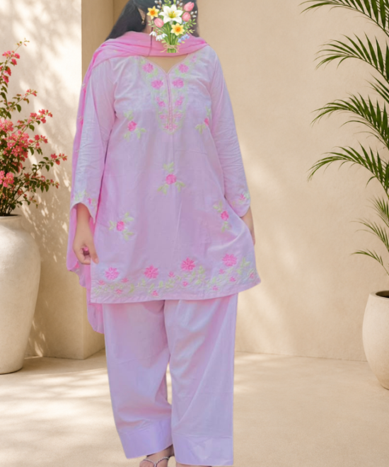 3 Piece Stitched Lawn Suit for Women Pastel Pink