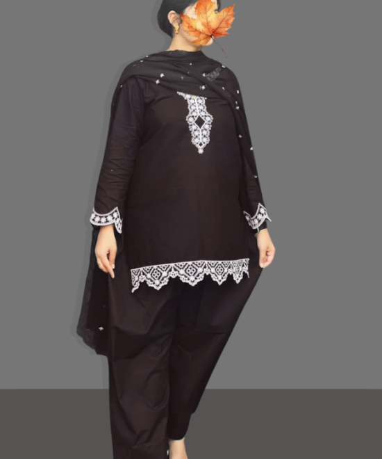 3 piece stitched lawn suit for women black embroidered