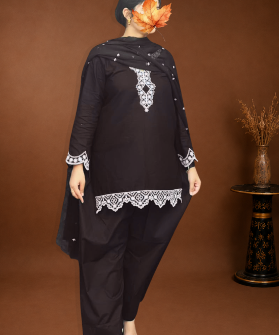 3 piece stitched lawn suit for women black embroidered