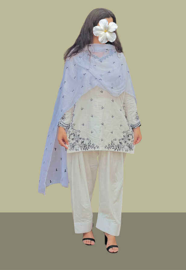 Off White 3 Piece Stitched Lawn Suit for Women