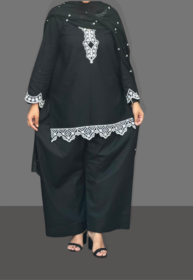 3 piece stitched lawn suit for women black embroidered