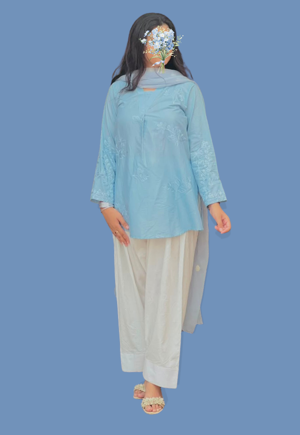 3 Piece Stitched Lawn Suit for Women in Navy Blue