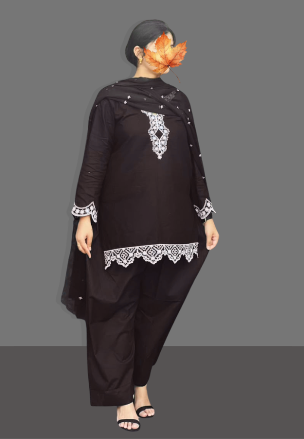 3 piece stitched lawn suit for women black embroidered