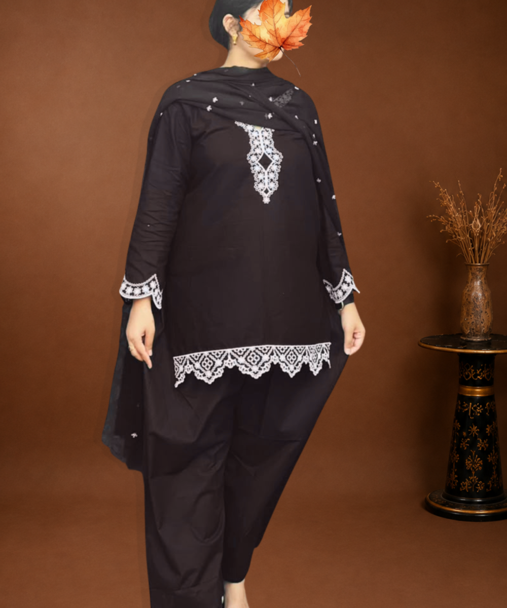3 piece stitched lawn suit for women black embroidered